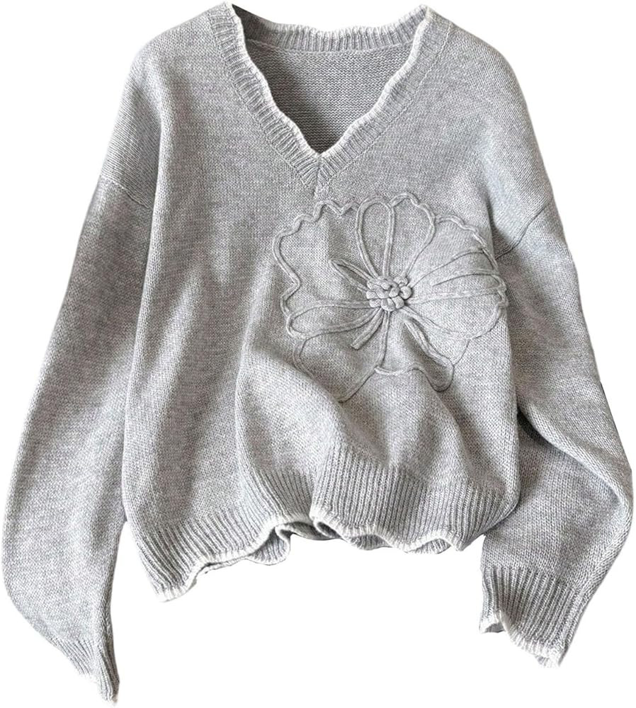 SOLY HUX Women's Floral Sweater V Neck Long Sleeve Scallop Casual Trendy Pullover Tops | Amazon (US)