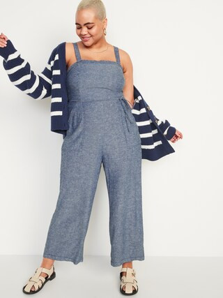 Sleeveless Linen-Blend Tie-Belt Wide-Leg Jumpsuit for Women | Old Navy (US)
