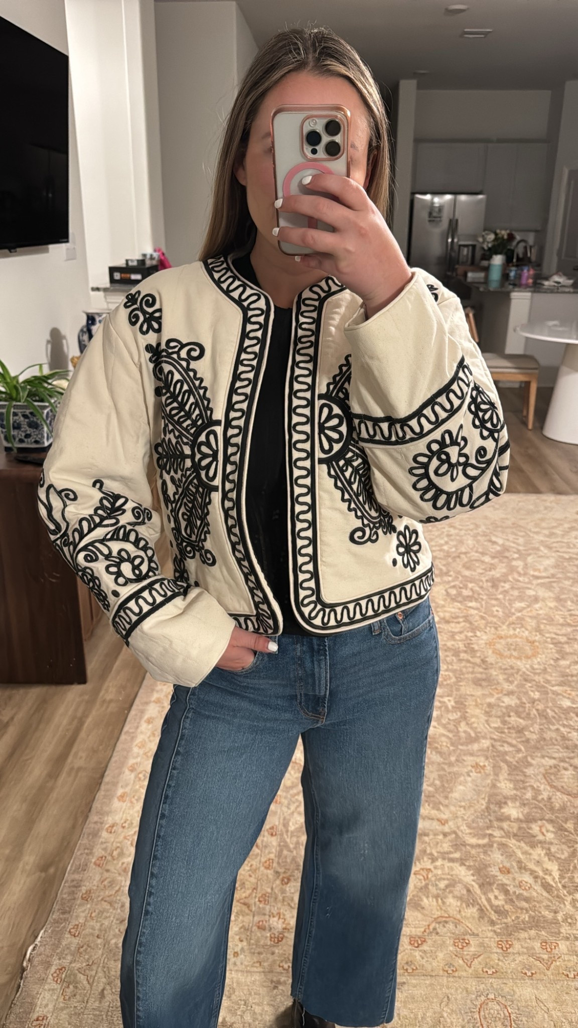 The best jeans I’ve ever tried on! Wearing a size 28 in the Gap jeans and they are on sale. Wearing a size large in the embroidered jacket from mango! 

Fall transition outfits - work jeans - wide leg jeans - flattering outfits - fall jackets - quilted jacket - mango outfits - designer jeans for less - look for less - fall outfits women - thanksgiving outfits 



#LTKSeasonal #LTKSaleAlert #LTKHoliday