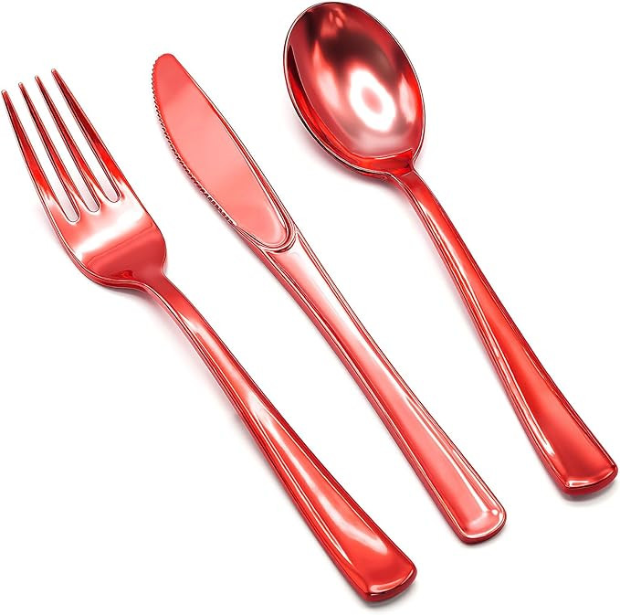153 Pack Red Plastic Silverware - Heavy Duty Plastic Silverware Set - 51 Forks, 51 Knives, 51 Spo... | Amazon (US)