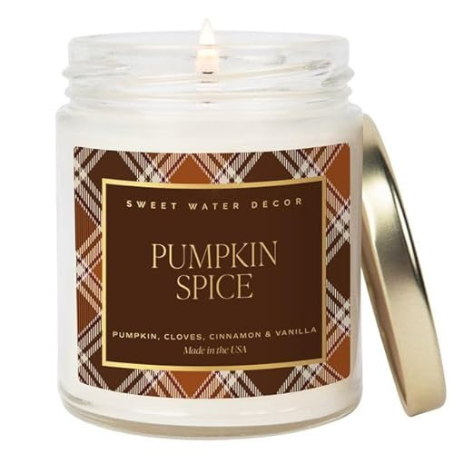 Sweet Water Decor Pumpkin Spice Candle, Autumn Scented Notes of Pumpkin, Cloves, & Buttercream, 40+ Hour Burn Time, Non-Toxic Soy Wax Blend, Poured in the USA, Cotton Wick, 9oz Glass Jar with Gold Lid | Amazon (US)