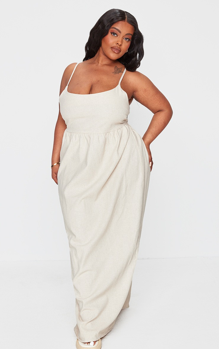 Plus Stone Linen Ruched Back Underbust Detail Maxi Dress | PrettyLittleThing US