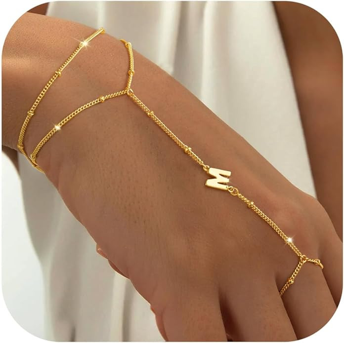 M MOOHAM Initial Hand Chain for Women - Dainty Gold Ring Bracelet Hand Chain for Women Trendy, Le... | Amazon (US)
