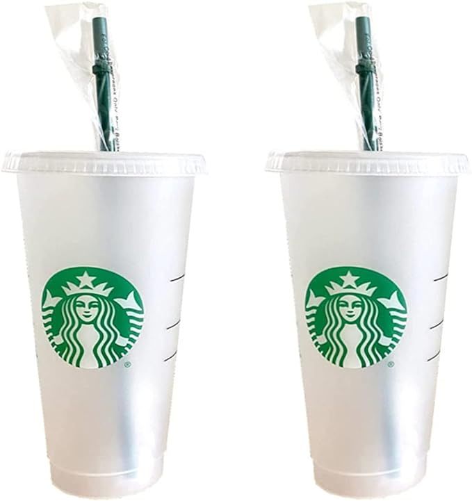 Starbucks 2 Pack Reusable Venti Frosted Cold Cup With Lid and Green Straw w/Stopper, 24 fl.oz. | Amazon (US)
