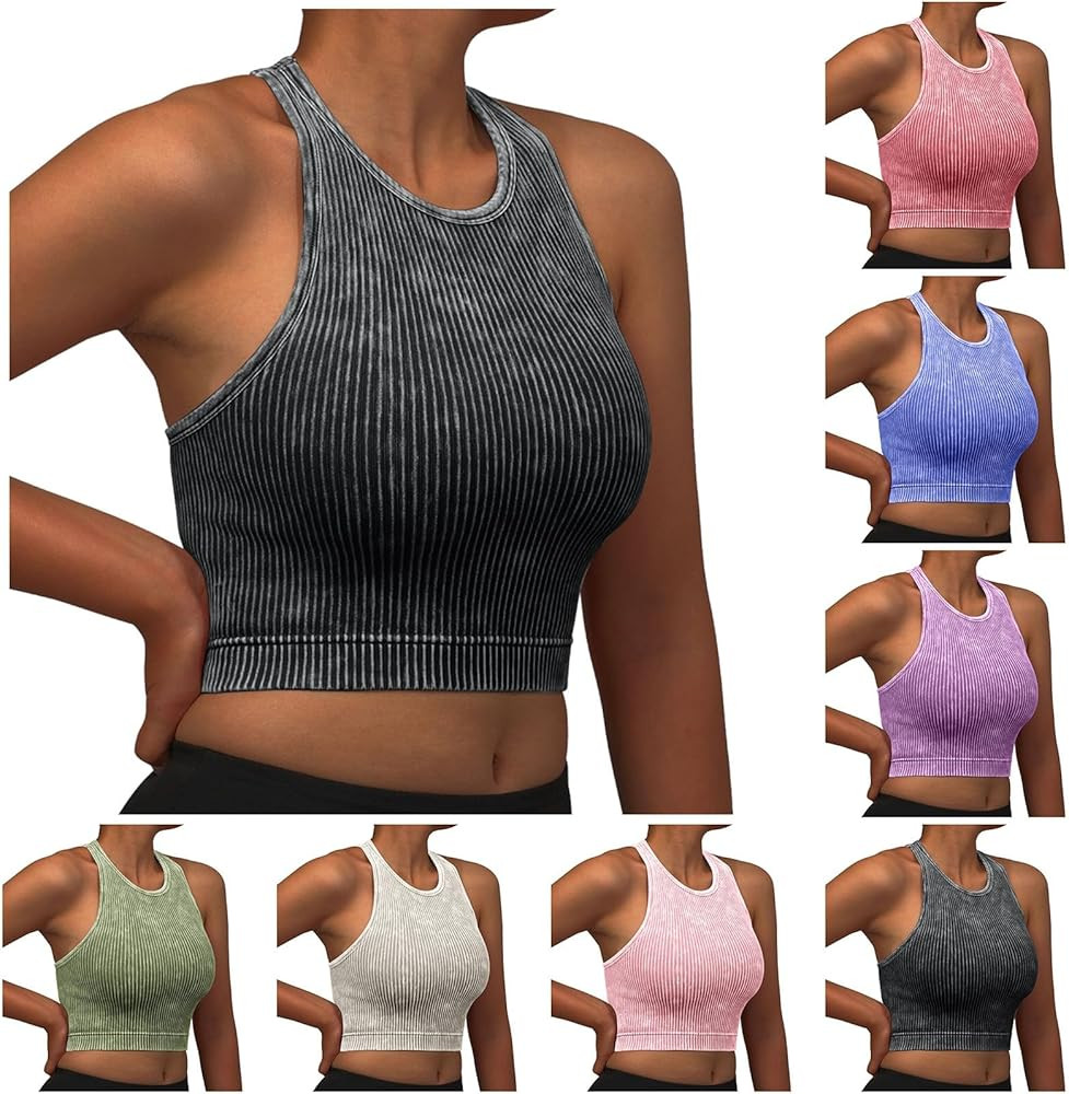 JiXiang Women's 2025 Summer Tank Tops Sleeveless Cropped Ribbed Knit Shirts Casual Basic Racerbac... | Amazon (US)