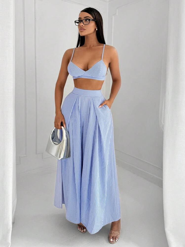 SHEIN SXY Summer Beach 2pcs Minimalist Commute Sexy Striped Camisole Top And Pants Set | SHEIN