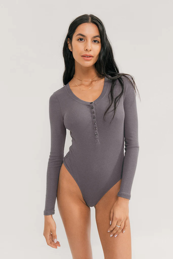 Rib Henley Long Sleeve Bodysuit (Graphite) | EasyStandard