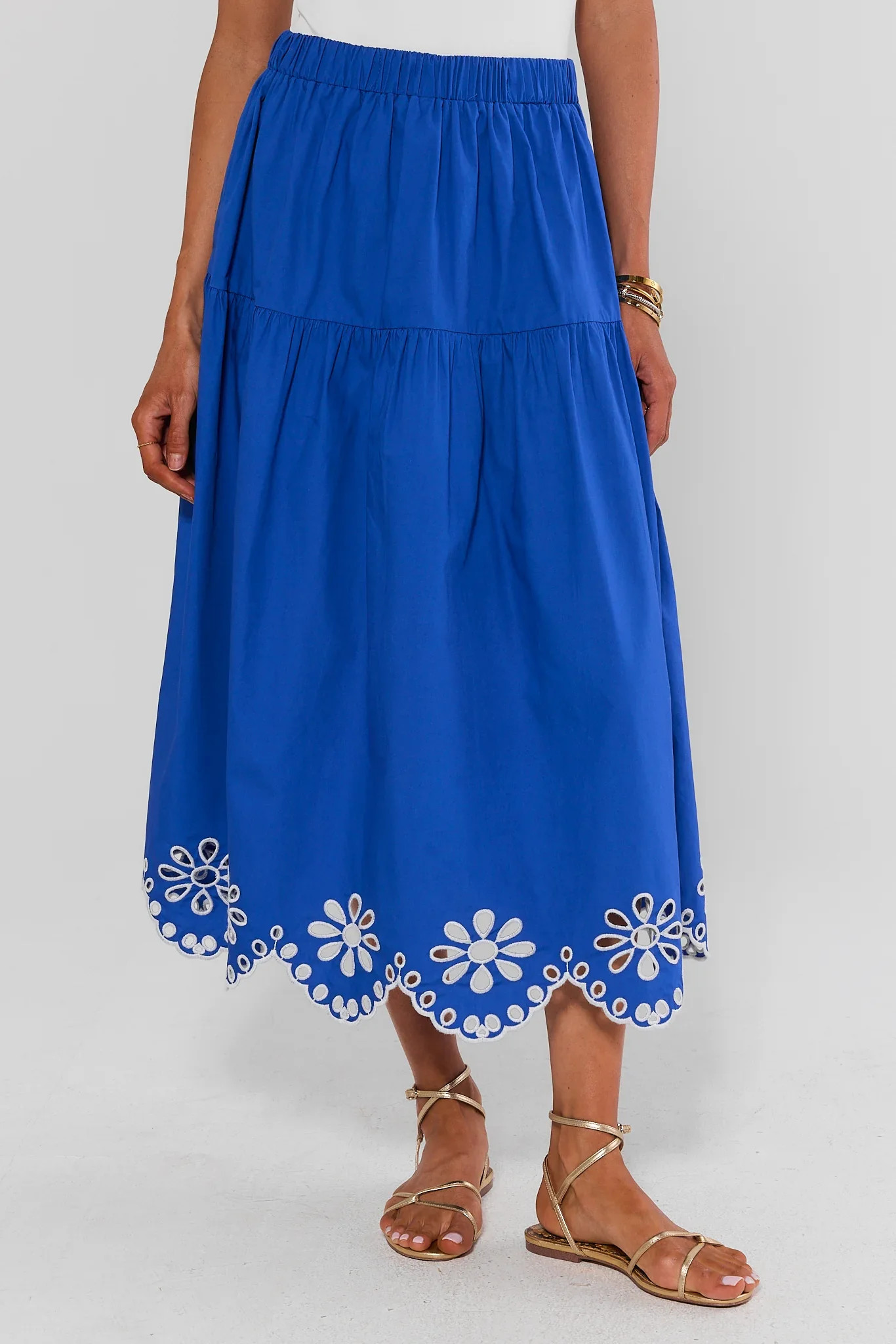 Blue Embroidered Eyelet Midi Skirt | Avara