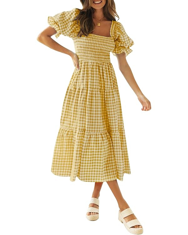 ZESICA Women's 2025 Bohemian Summer Plaid Square Neck Puff Sleeve Ruffle Flowy Beach Midi Dress | Amazon (US)