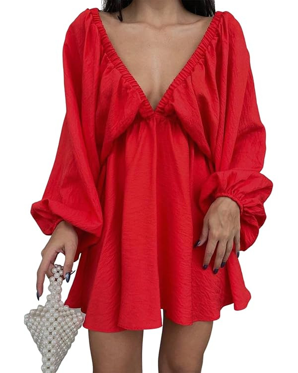 LOFAAC Women Sexy Deep V Neck Puff Long Sleeve Mini Dress Backless High Waist Ruffle Short Dress ... | Amazon (US)