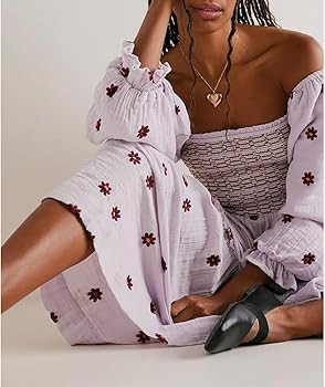 ABYOVRT Women Floral Embroidered Maxi Dress Long Puff Sleeve Square Neck Bohemian Flowy Dress wit... | Amazon (US)