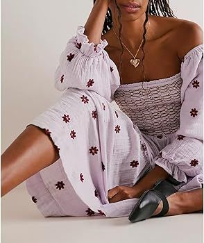 ABYOVRT Women Floral Embroidered Maxi Dress Long Puff Sleeve Square Neck Bohemian Flowy Dress wit... | Amazon (US)