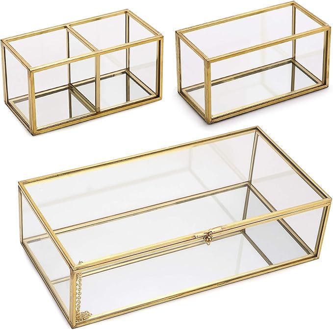Hipiwe Mirrored Glass Keepsake Box with Two Detachable Internal Glass Organizer - Gold Lidded Box... | Amazon (US)