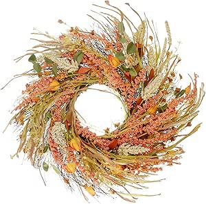 Amazon.com: HooAMI 24.5 Inch Fall Wreaths for Front Door, Artificial Leaves Grain Wreath Autumn D... | Amazon (US)