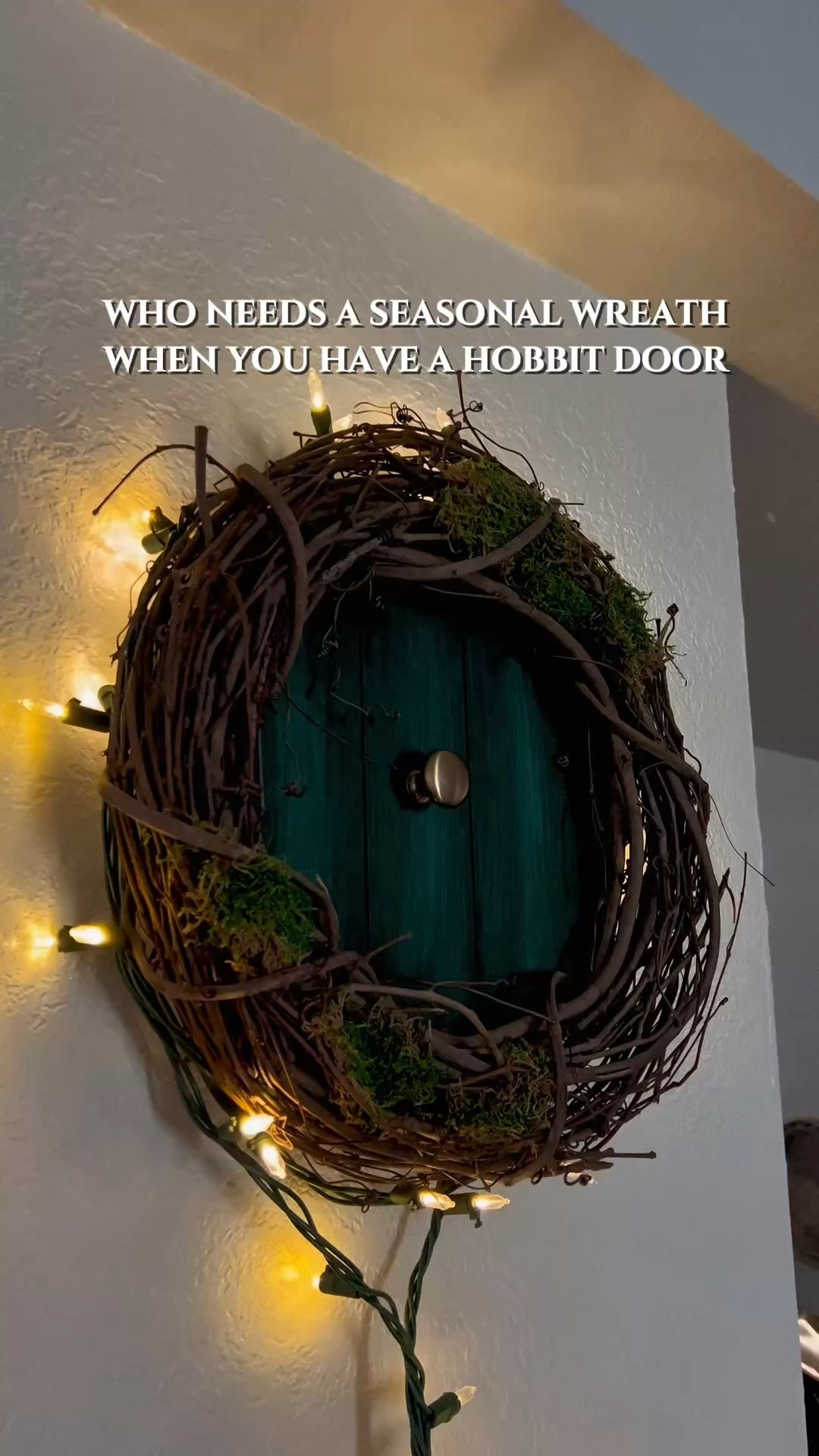 Everything you need to make the hobbit door wreath! 
Instructions: 
-paint door green with done light green and brown strokes throughout to give it more contrast 
-wood glue the wreath onto the slatted wood slab and place a flat heavy object on it over night to dry 
-glue on the knob in the middle and all the loss throughout 
-add twinkle lights