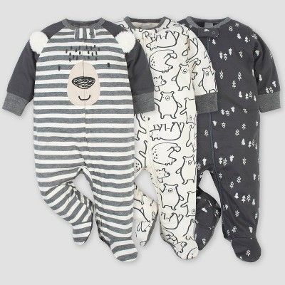 Gerber Baby Boys' 3pk Bear Zip-Front Sleep N' Play - Gray/White | Target