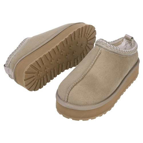Women's Platform Slippers with Fleece Lining - Anti-slip Indoor/Outdoor House Shoes, Beige, US 6-7 | Amazon (US)