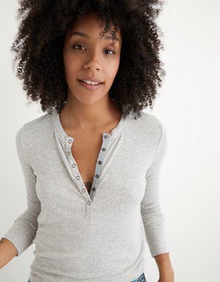 Aerie Ribbed Henley Long Sleeve T-Shirt | American Eagle Outfitters (US & CA)