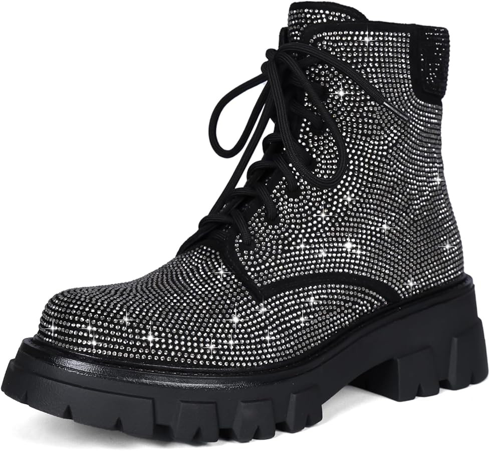 Wavyvigs Rhinestone Combat Boots Platform Chunky Heel Lace Up Ankle Boots Side Zipper | Amazon (US)