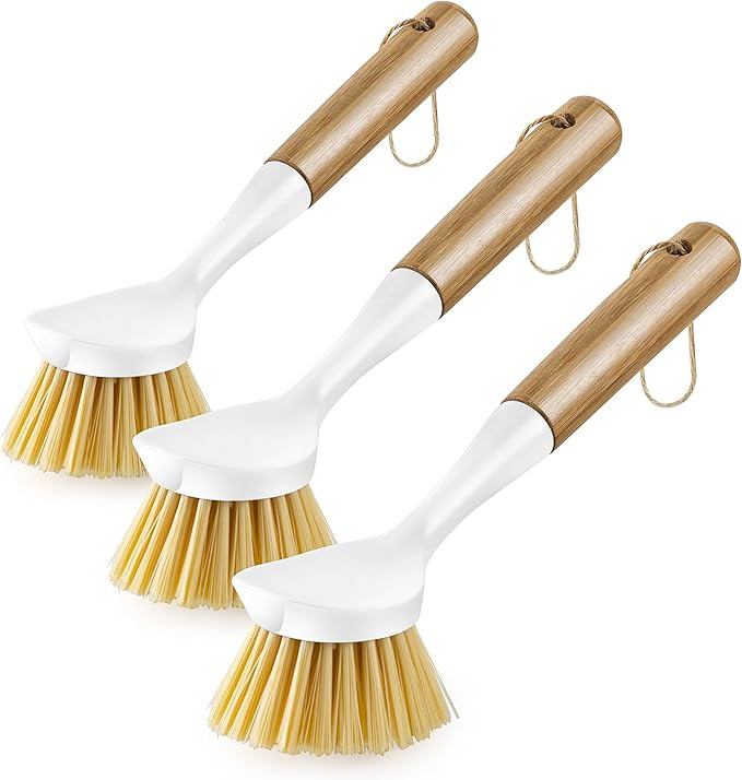3 Pack Kitchen Dish Brush Bamboo Handle Dish Scrubber Built-in Scraper, Scrub Brush for Pans, Pot... | Amazon (US)