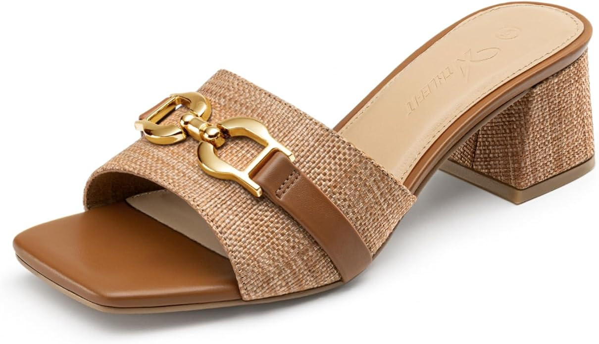 Athlefit Raffia Heeled Sandals Women Slip On Chunky Block Heels for Summer | Amazon (US)