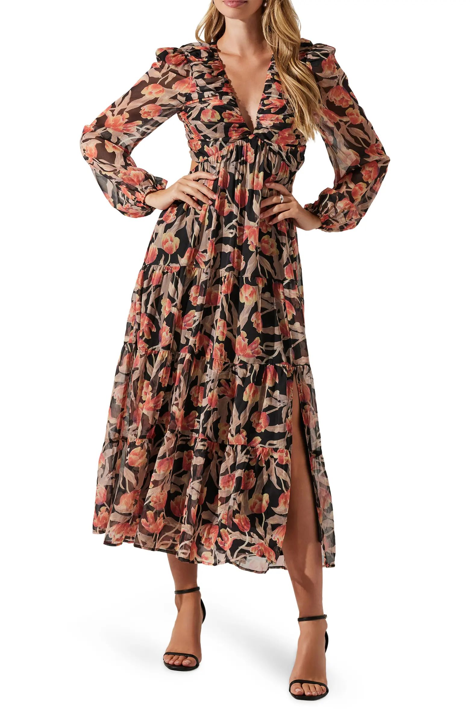 Floral Print Lace-Up Back Long Sleeve Tiered Maxi Dress | Nordstrom