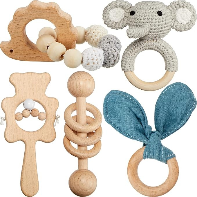 5 Pieces Baby Wooden Teether Wooden Rattle Baby Rattle Toys Crochet Elephant Teether Wood Teethin... | Amazon (US)