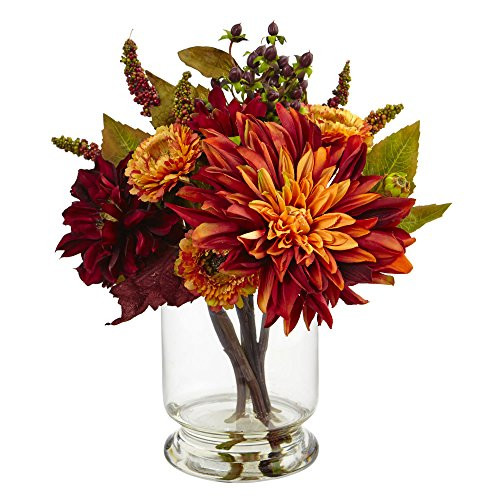 Nearly Natural Dahlia & Mum with Vase Arrangement 12.5'' x 6.75'' x 7'' | Amazon (US)