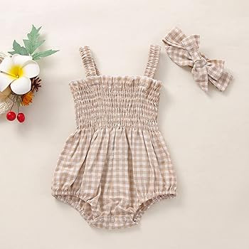 Newborn Baby Girl Summer Clothes Cotton Linen Bodysuit Romper Floral Pleated Tops with Headband | Amazon (US)