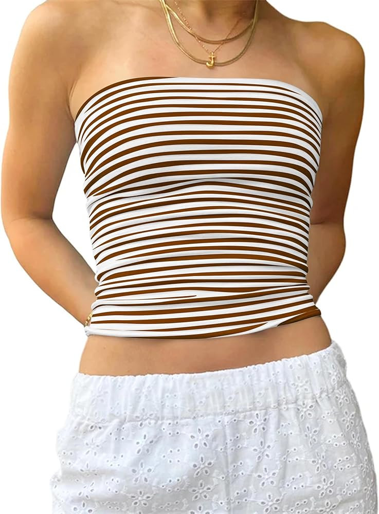 Cioatin Women Strapless Striped Bandeau Tube Tops Y2K Aesthetic Sleeveless Backless Crop Tank Goi... | Amazon (US)