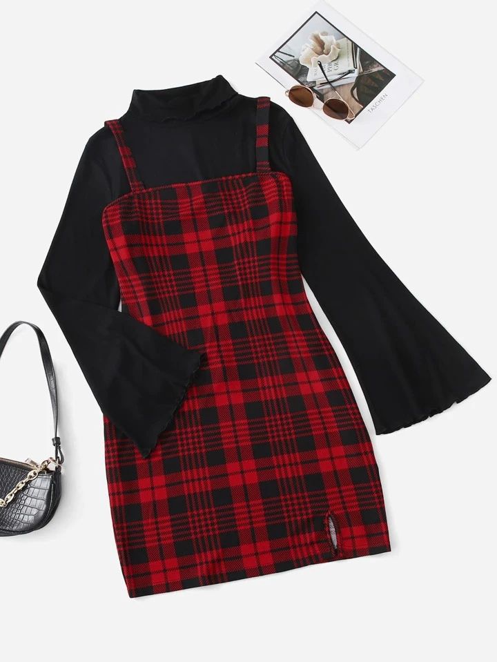 SHEIN Qutie Plus Flounce Sleeve Lettuce Trim Top & Plaid Print Cami Dress | SHEIN