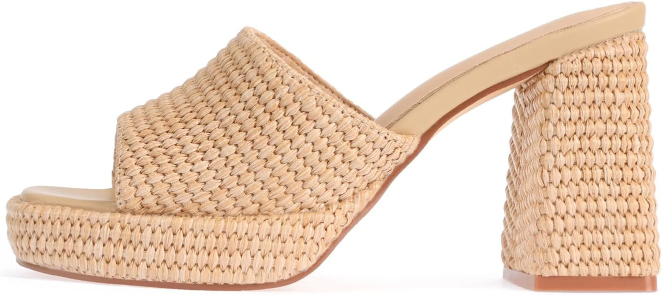 Monrovia Raffia Heeled Sandals for Women，Platform Wedge Slip On Block Heel, Dressy Summer Open ... | Amazon (US)