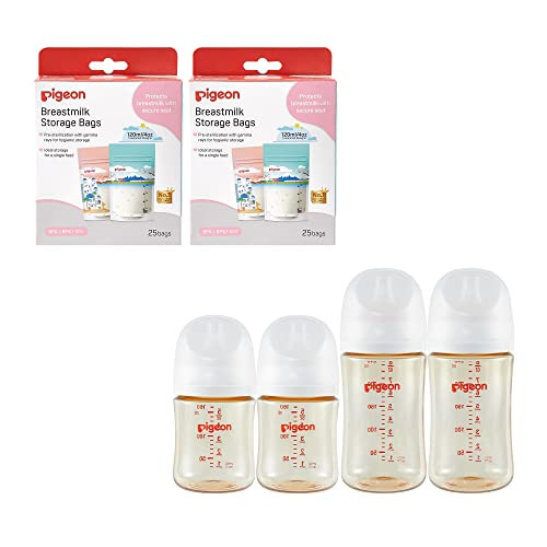 Pigeon PPSU Nursing Baby Bottle Wide Neck(Pack of 4), 5.4Oz and 8.1Oz, with Disposable Breast Milk Storage Bag(50 Pcs, 4Oz), Essential Products for Breastfeeding Mothers | Amazon (US)