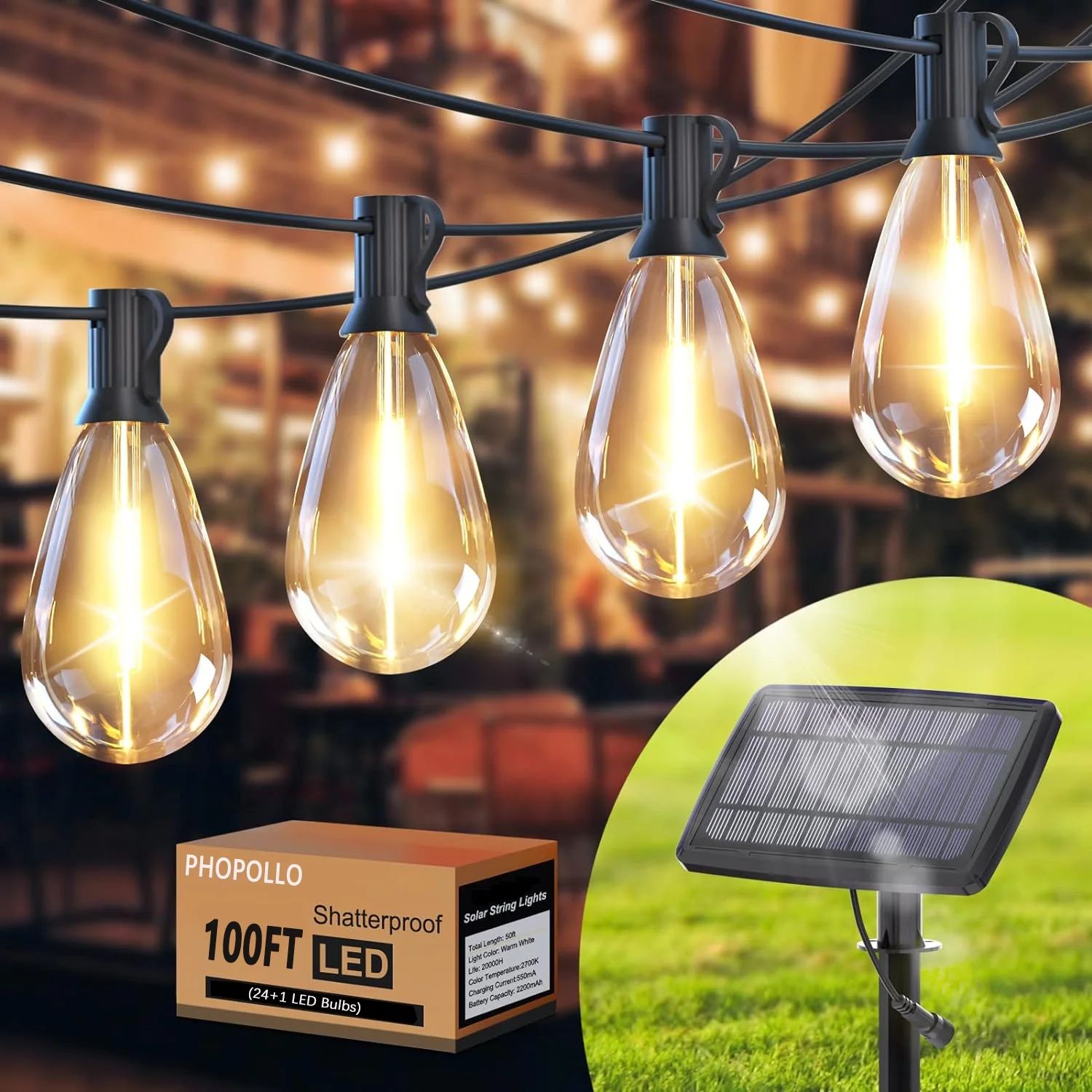 PHOPOLLO 100ft LED Solar Outdoor String Lights, E12 S14 Waterproof Shatterproof Patio Bulbs, Di... | Walmart (US)