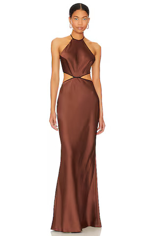 MISHA Edem Backless Maxi Dress in Chocolate from Revolve.com | Revolve Clothing (Global)