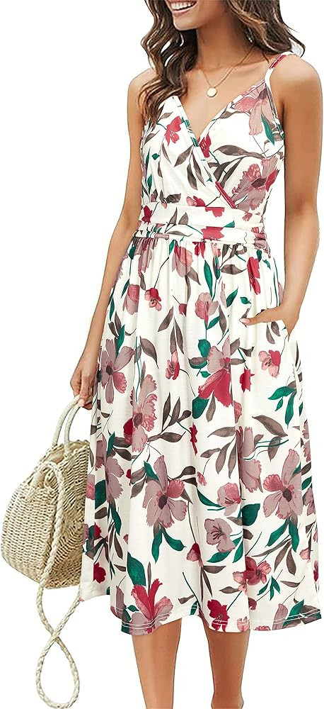 GOOTUCH Womens Sundresses Floral Midi Dress Summer V Neck Spaghetti Strap Casual Beach Swing Dres... | Amazon (US)