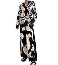 Wuitrie Womens 2 Piece Outfits Casual Print Long Sleeve Button Down Shirt Elastic Waist Wide Leg ... | Amazon (US)
