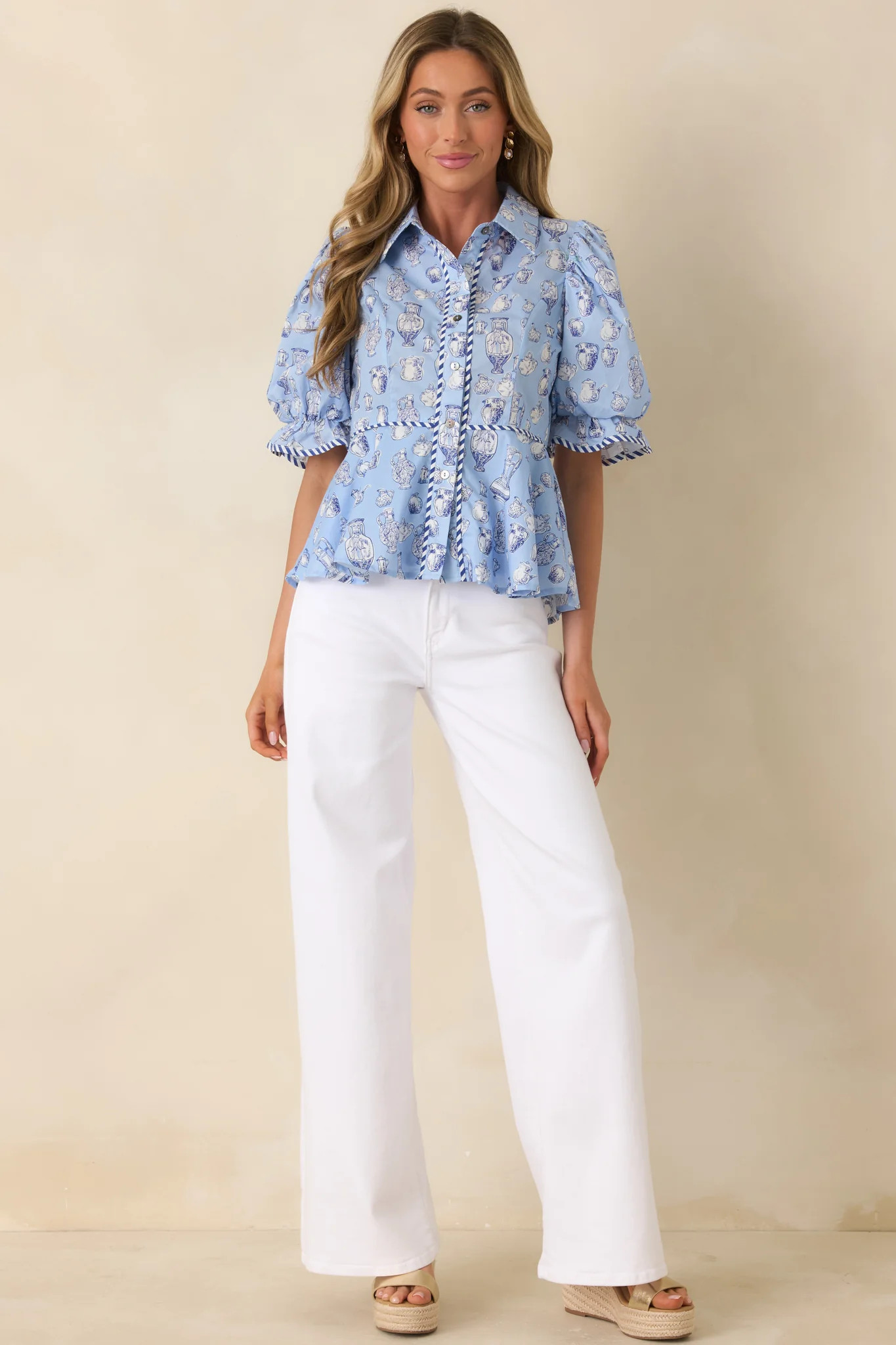 Artful Moment Blue Toile Print Cotton Puff Sleeve Blouse | Red Dress