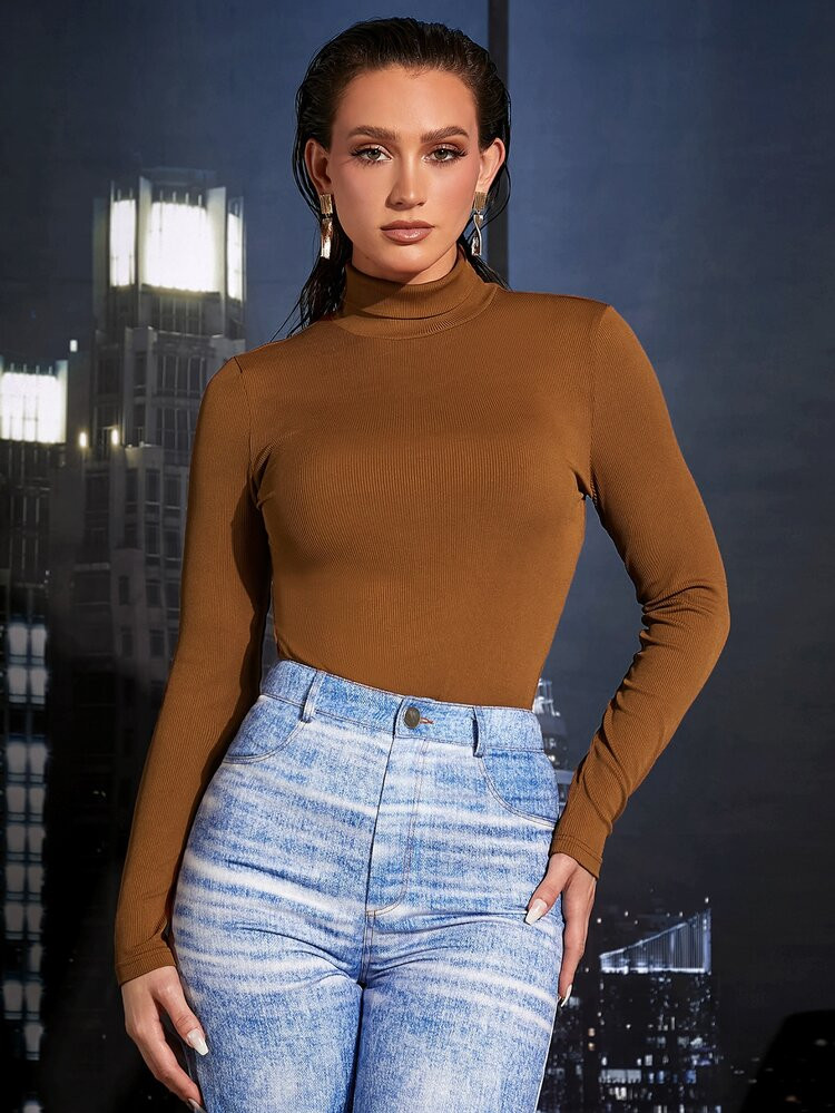 SHEIN Turtle Neck Rib-knit Tee | SHEIN
