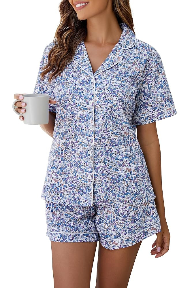LUBOT 100% Cotton Pajamas for Women 2 Piece PJ Set Woven Poplin Ladies Button Down Short Sleeve S... | Amazon (US)