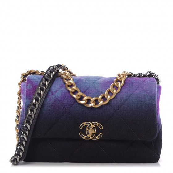 CHANEL Wool Tweed Quilted Large Chanel 19 Flap Purple Black Blue | Fashionphile