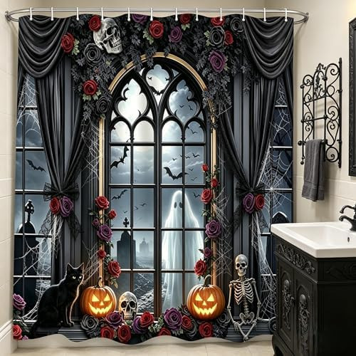 Gothic Halloween Shower Curtain,Spooky Ghost Skeleton 70x70IN | Amazon (US)