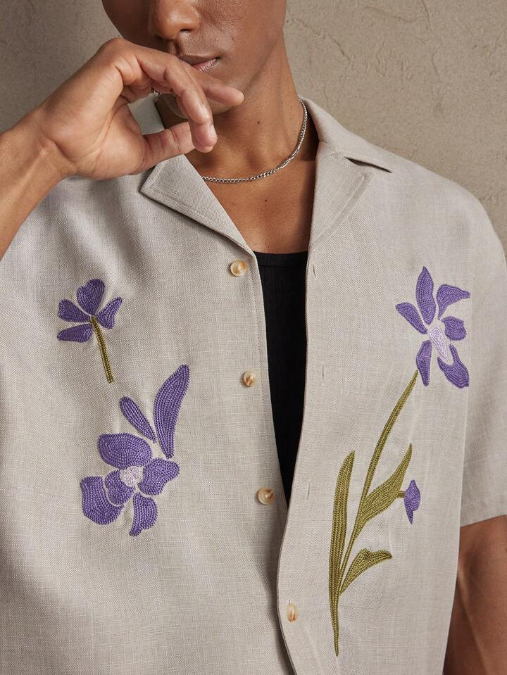 AKNOTIC Business Casual Men's Apricot Woven Floral Embroidered Loose Drop Shoulder Fashion Casual Shirt Suitable For Spring/Summer, Daily Wear, Vacation, Wedding, Couple Matching | SHEIN