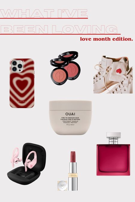 Love month 🤍
Burga phone case, Armani blushes, heart socks, Ouai hair mask, Beats Powerbeats Pro, Prada Hyper Matte lipstick, RL Romance perfume 