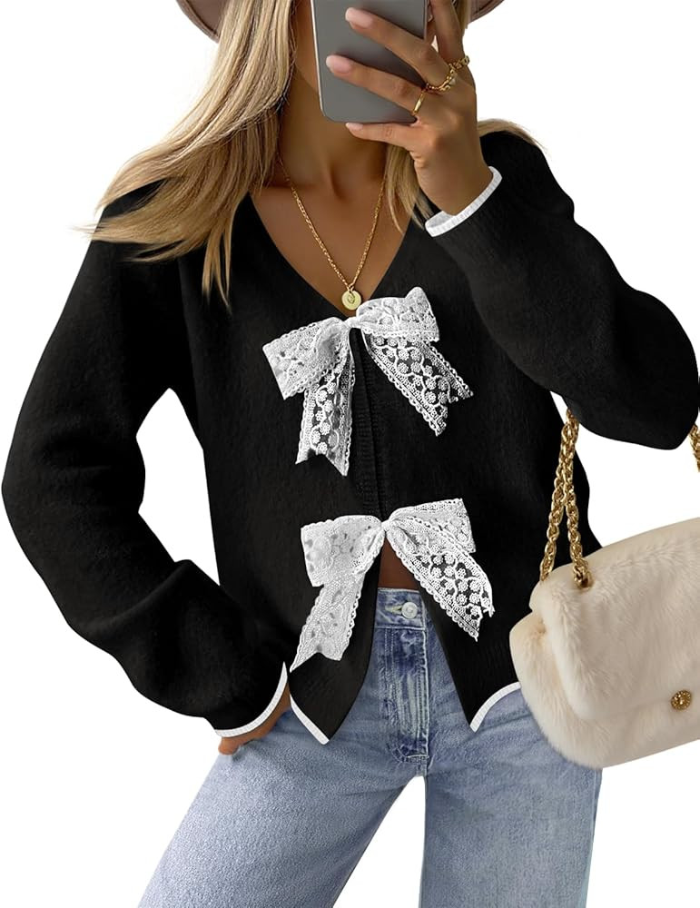 MEROKEETY Women's Tie Front Bow Cardigan Sweaters 2025 Long Sleeve Chunky Knit Cute Trendy Fall W... | Amazon (US)