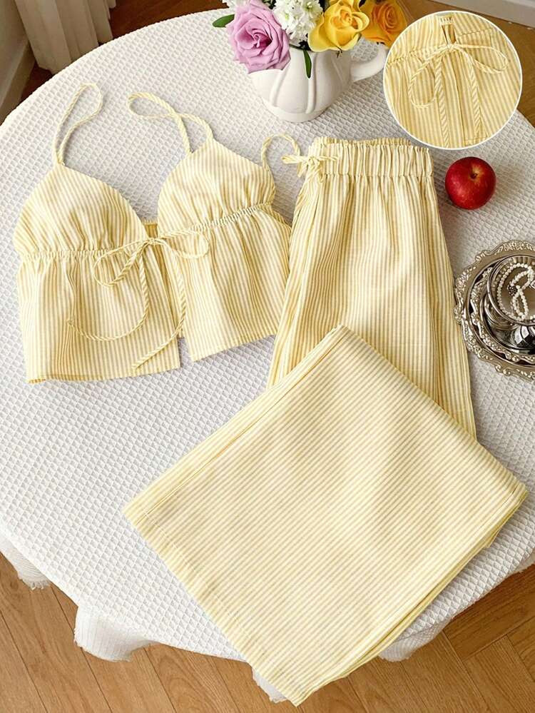 Comfortcana 2pcs Yellow Woven Striped Casual Vacation Set For Women, Spring/Summer | SHEIN