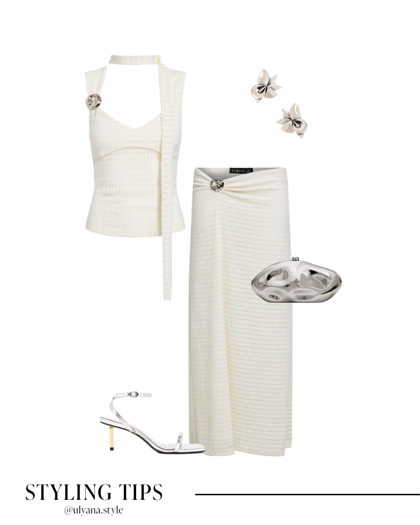 This white maxi skirt paired with a chic tie-around-neck top, metallic heels, a sleek clutch, and statement earrings creates the perfect look for resort wear or vacation dinner evenings.
.
.
.
.
.
.
Resort vacation outfits | resort wear | resort style | vacation outfits | vacation sets | skirt set | cream skirt | long skirt outfits | maxi skirt | midi skirt | vacation skirt | white skirt | cute tops | dressy top | summer tops | vacation tops | white tops | silver heels | silver heels | summer heels | clutch purse | clutch bag | silver clutch | outfit ideas | outfit inspo | dinner outfit 

#LTKSeasonal #LTKU #LTKSaleAlert #LTKGiftGuide #LTKWorkwear #LTKTravel #LTKShoeCrush #LTKItBag


#LTKFindsUnder50 #LTKFindsUnder100 #LTKStyleTip