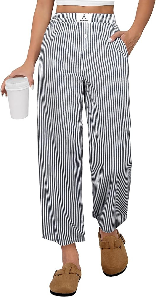 ANRABESS Women Striped Gingham Palazzo Cropped Pants Wide Leg Pajama Lounge Pant Plaid PJ Bottoms... | Amazon (US)