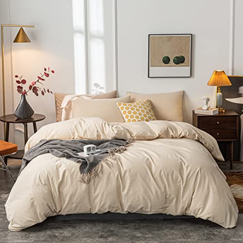 Janlive Washed Cotton Duvet Cover Full Ultra Soft 100% Cotton Solid Color Beige Duvet Cover Set with Zipper Closure -3 Pieces Beige Full | Amazon (US)