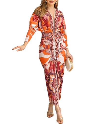 CHICME Women's Bodycon Long Sleeve Dress Casual Plunge V Neck Ruched Midi Dress Fall Bodycon Slit Office Work Dresses Orange-L | Amazon (US)